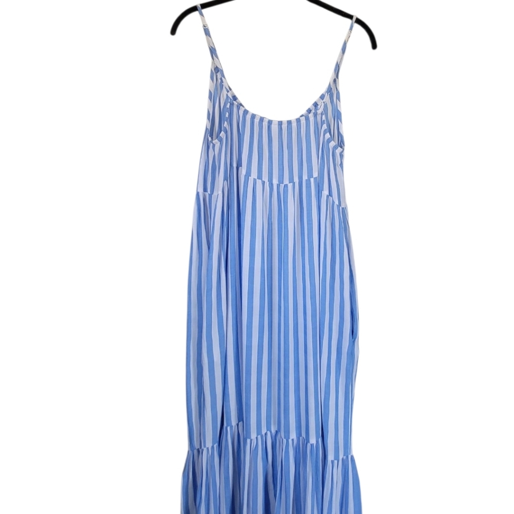 Old Navy Blue White Striped Tiered Coastal Boho Long Maxi Swing Dress Large - Picture 11 of 16